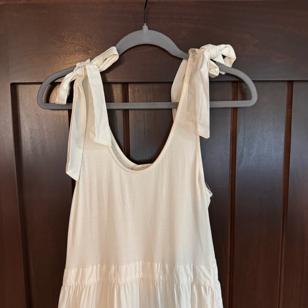 Chelsea & Violet Peplum Bow Tie Shoulder Tiered Ribbed Off White Dress Bridal - Picture 8 of 14